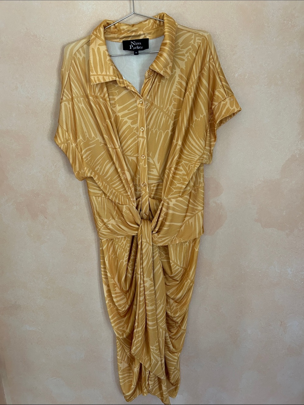 Nina Parker Golden Mustard Printed Tie-Front Midi Dress size 3X